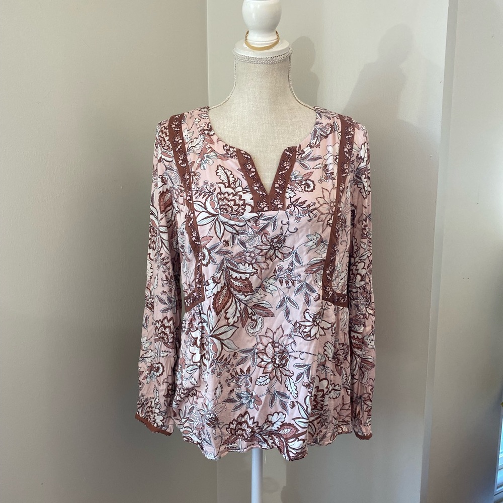 J. Jill Pale Pink Cocoa Floral Boho Blouse
